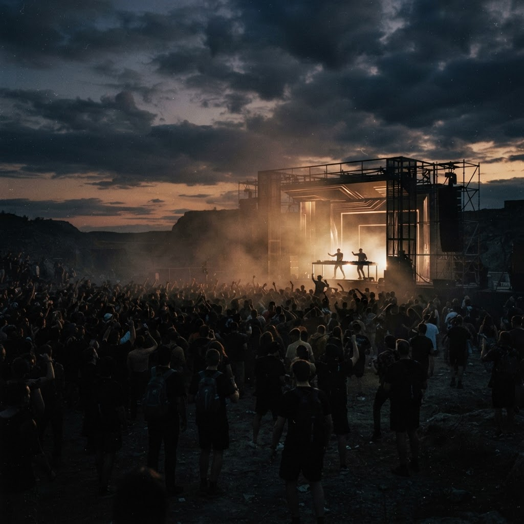 Open-air event at dusk